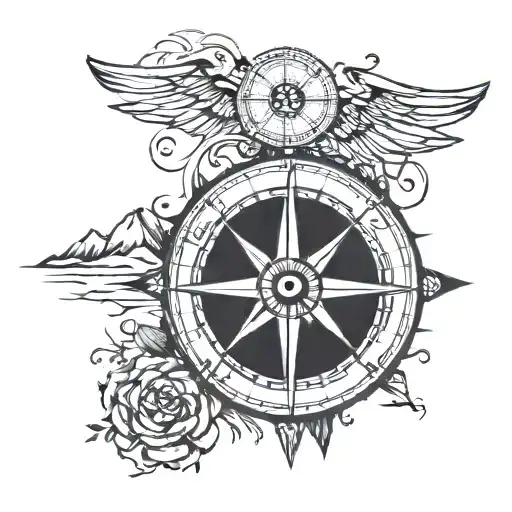 A Neotraditional Compass Rose With Elements Of Music Notes And Mountain Peaks