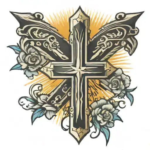 Cross With Banner Wrapped Around And Sun Rays Coming Off Of It