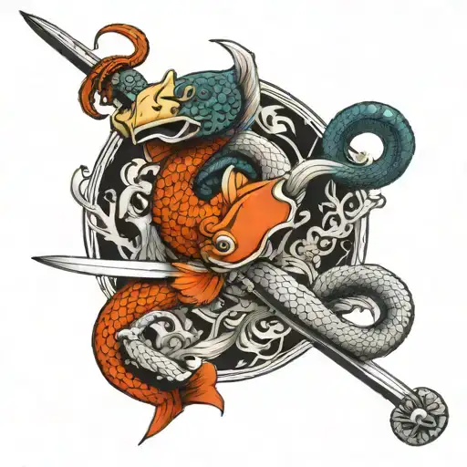 Koi Fish Yin Yang Knight Holding A Sword Snake On The Sword
