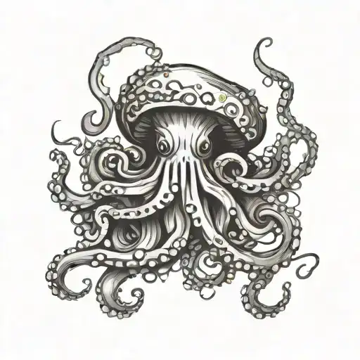 Octopus And Jellyfish Intertwined Black And White