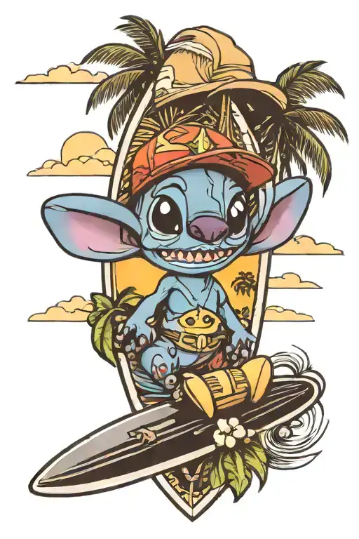 Stitch In A Cap On A Surfboard Against The Backdrop Of Sunset And Palm Trees