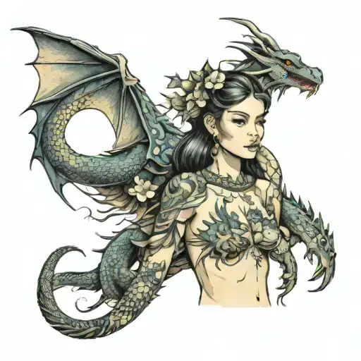 Girl And Dragon Above Her Body And Covering Her Chest With Wings