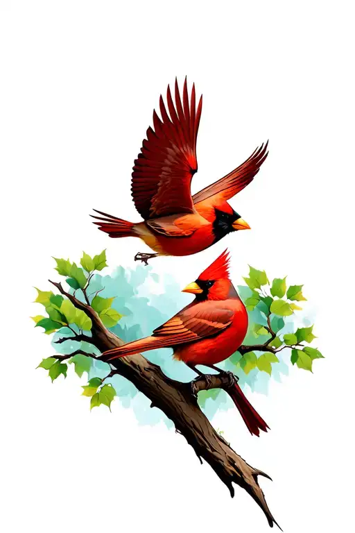 Female Cardinal Flying Towards Male Cardinal On Tree Banch