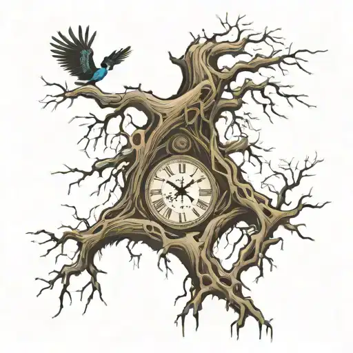 Dead Tree With Roots And Clock Inbedded In Tree With Birds Flying Around It
