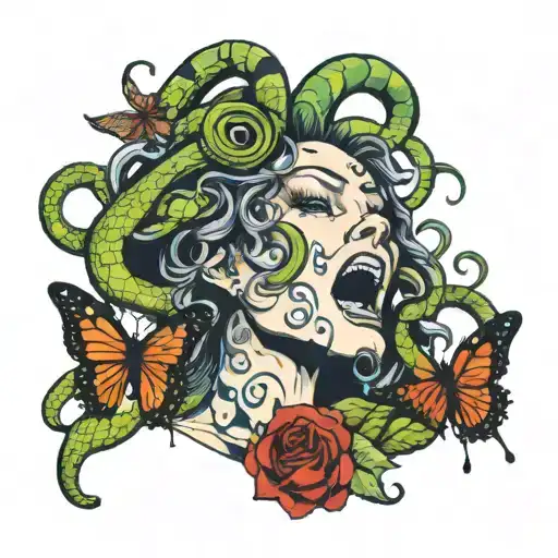 Medusa Screaming With Butterfly Coming Out Of Her Mouth And Snake Coming Out Of Her Mouth