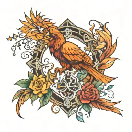 Cross Of Crystals With A Phoenix Bird Around Flowers And A Lion