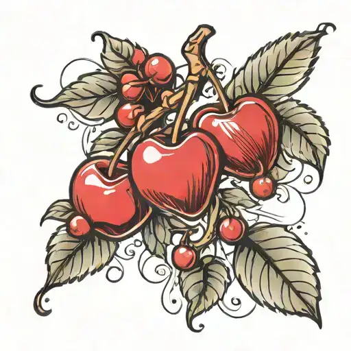 A Romantic Tattoo Design Featuring Cherries And Symbols Of Love In A Dreamy And Enchanting Style