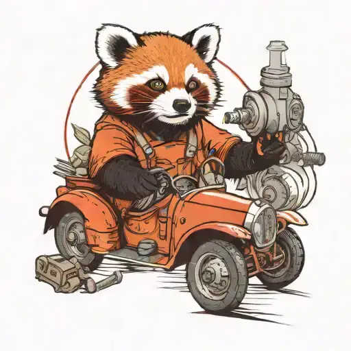 A Red Panda Wearing A Mechanic's Outfit Working On A Vintage Car