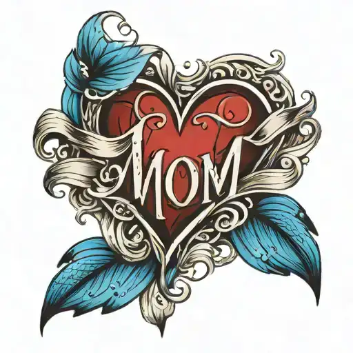 A Big Red Heart With Mom Written In Blue Letters