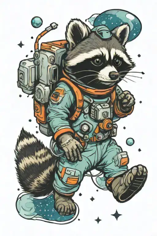 Raccoon Astronaut Floating In Space