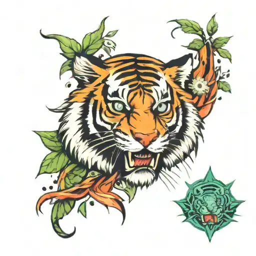 Mint Leaves And Lightning Effect Tattoo Around Tiger Face