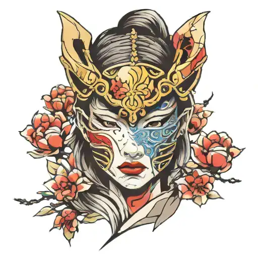 Broken Samurai Warrior Mask With The Face Of A Beautiful Asian Girl Behind