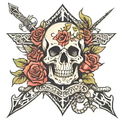 Skull Roses Arrow And Anchor Intertwined