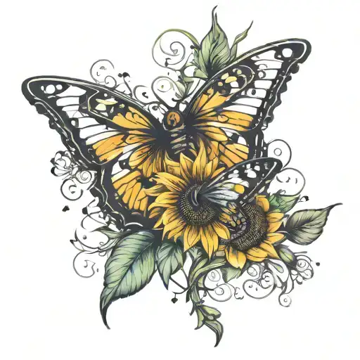 Butterflies Feather And Sunshine Sunflower Intertwined