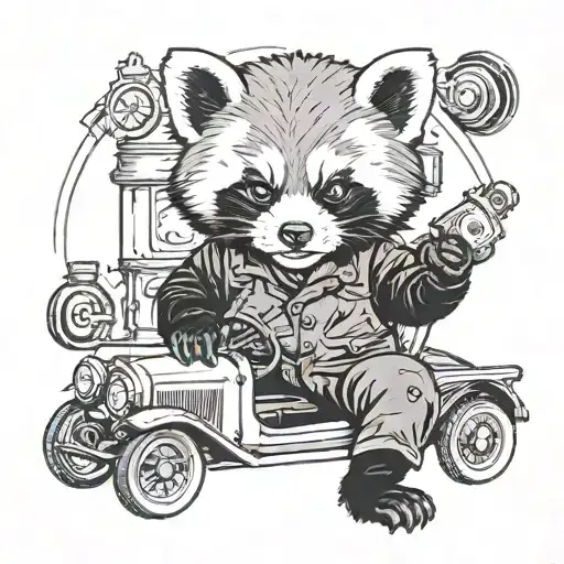 A Red Panda Wearing A Mechanic's Outfit Working On A Vintage Car