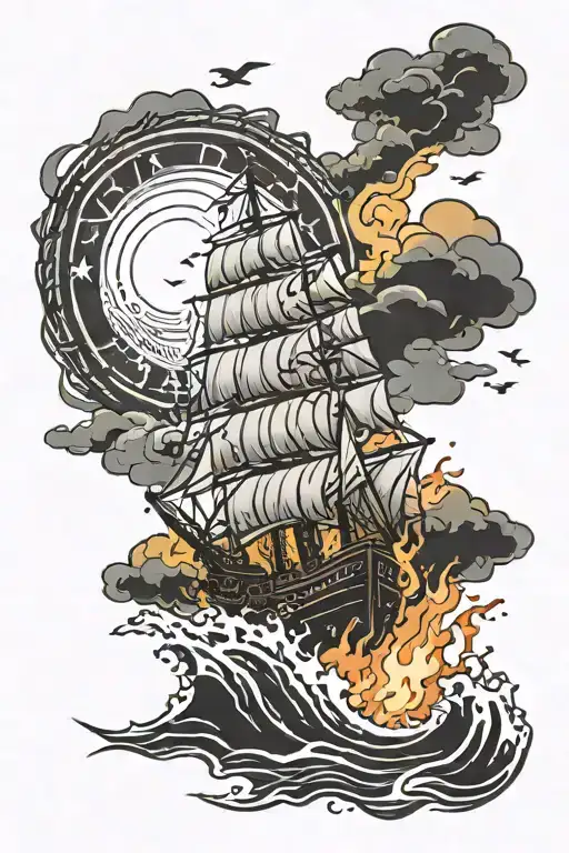 A Burning Ship In A Halo Of Fire With A Bright Star Reflected In The Waves