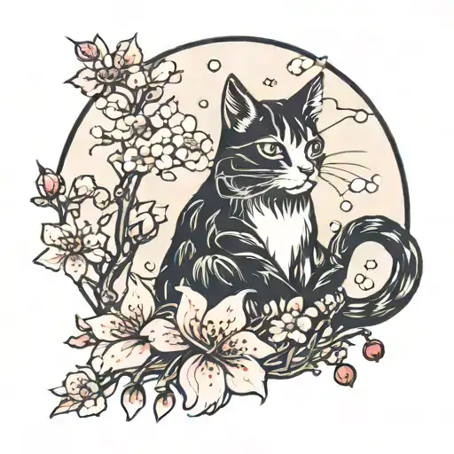 A Cat Reaching For The Moon Surrounded By Cherry Blossoms