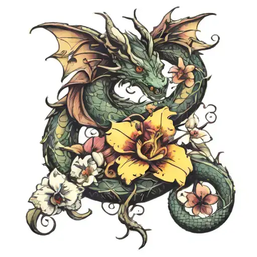 Dragon With Butterflies And Orchids Intertwined