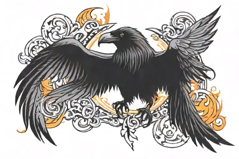 Black Raven In The Middle And Fire Around