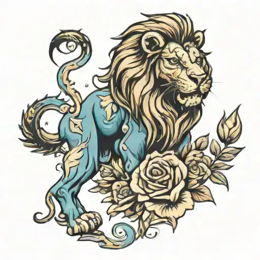 Tattoo Of A Blue-eyed Lion Roaring And Above It A Machinery And Above It A Rose