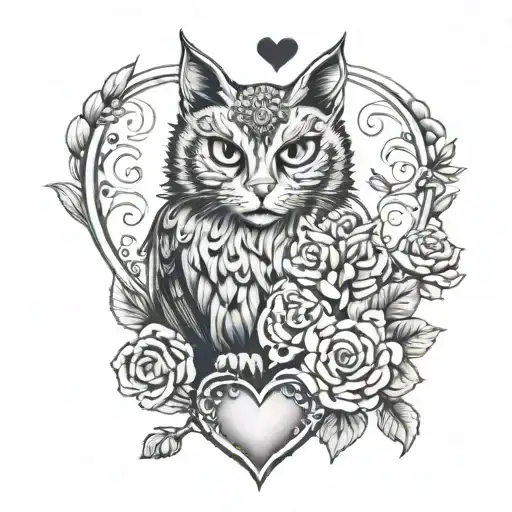 Cat And Owl Next To A Heart Shape