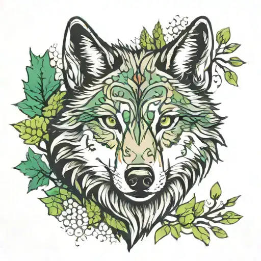 Gray Wolf With Green Eyes Surrounded By Forest
