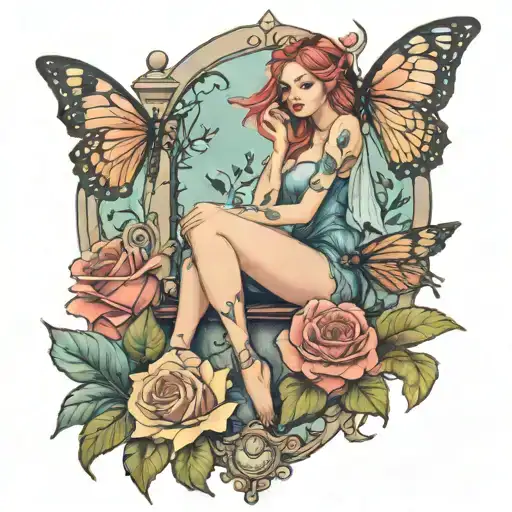 Fairy Sitting On Hourglass Roses Butterflies On Thigh Women's