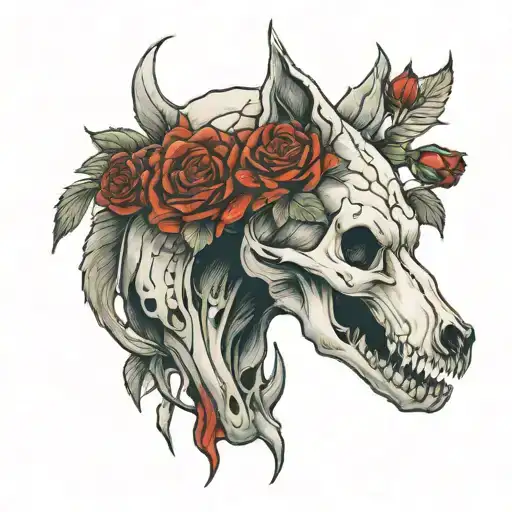 Red Roses Growing Out A Wolf Skull