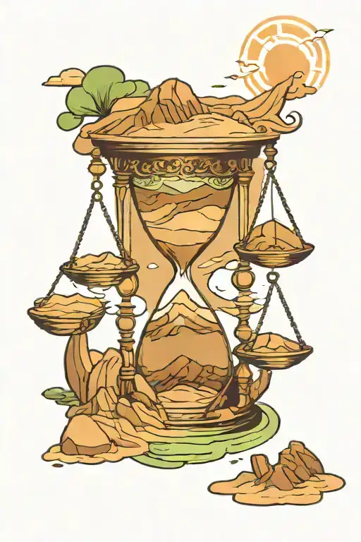 Hour Glass With Desert Sand Transforming Into Waterfall And Green Mountains