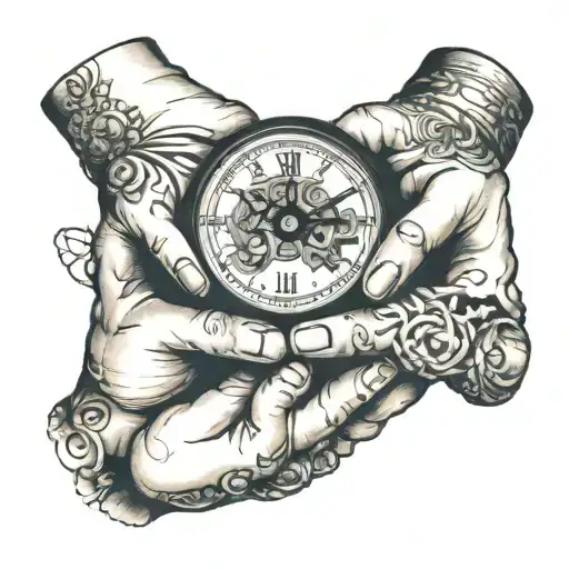 Five Kids Hand Holding Dads Fingers With Clock