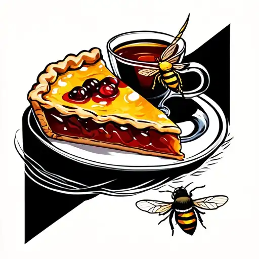 Honey Iced Tea Next To A Piece Of Pie With A Bee Flying Around