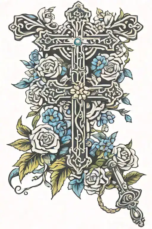 Rosary Beads Cross And Flowers Intertwined