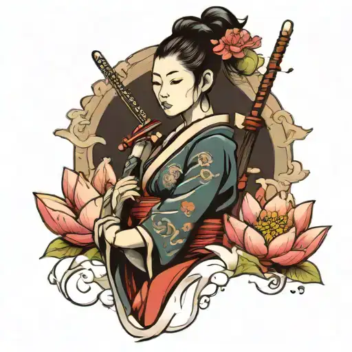 Samurai Girl With A Lotus Flower Under Her Figure
