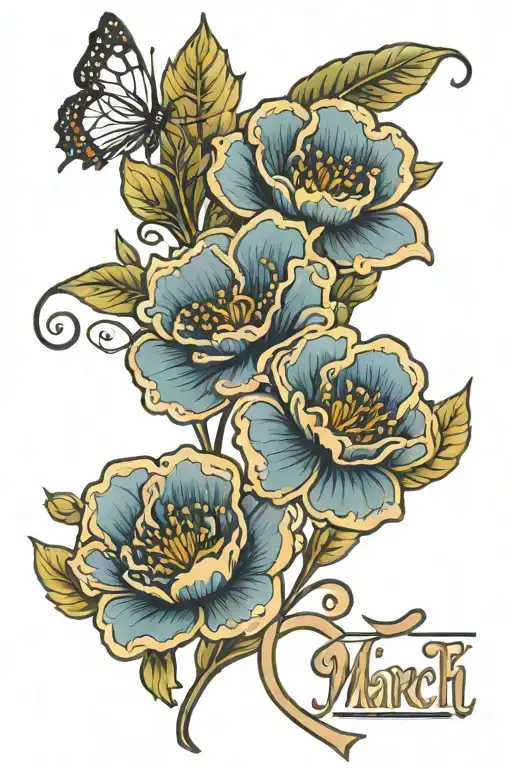 Fine Line March Birthflower Incorporating Handlettered Word In Place Of Stem