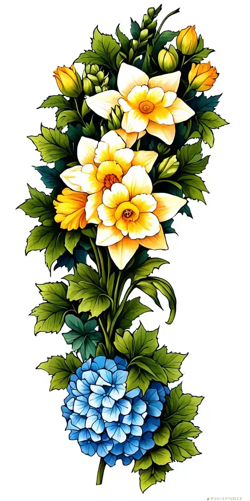 Daffodil Flower With Peony Flower With Hydrangea Flower And Ivy Wrapping Down