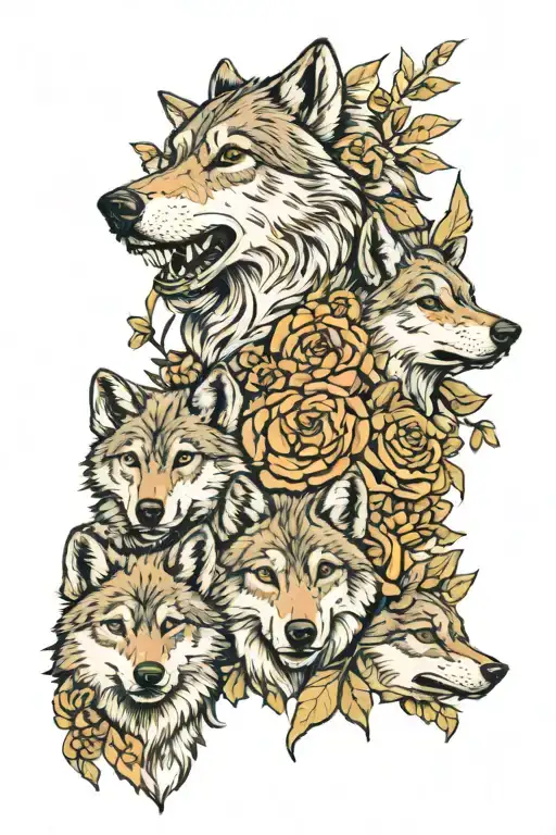 Wolf And 4 Wolf Cubs Face Only With Flowers Surrounding