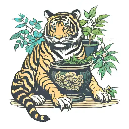Japanese Tiger Sitting With A Plant Pot