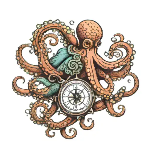 Octopus Holding A Compass Intertwined With Mermaid Swimming