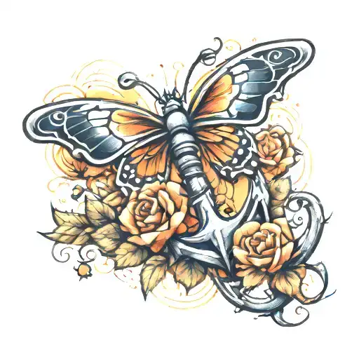 Anchor Roses Butterfly Sunset Navy