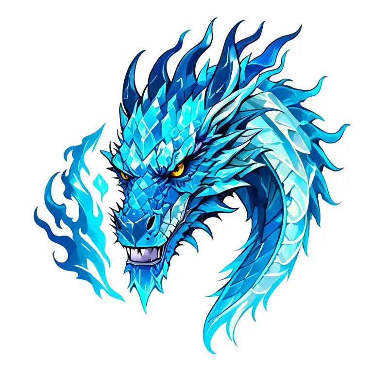 Realistic Blue Dragon Head Made Of Crystals And Flames