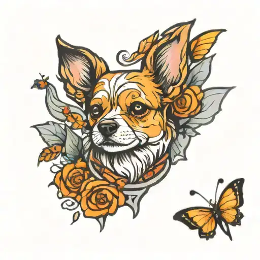 Small Dog Outline With Halo And Butterflies Flying