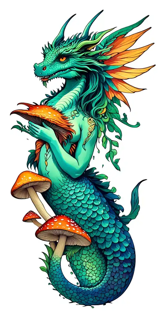 Psychedelic Mythological Creatures Dragon Fairy Phoenix Mermaid With Mushrooms Forest