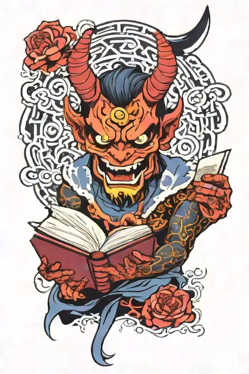 Fuu Dog Oni Mask Holding Open Book Surrounded