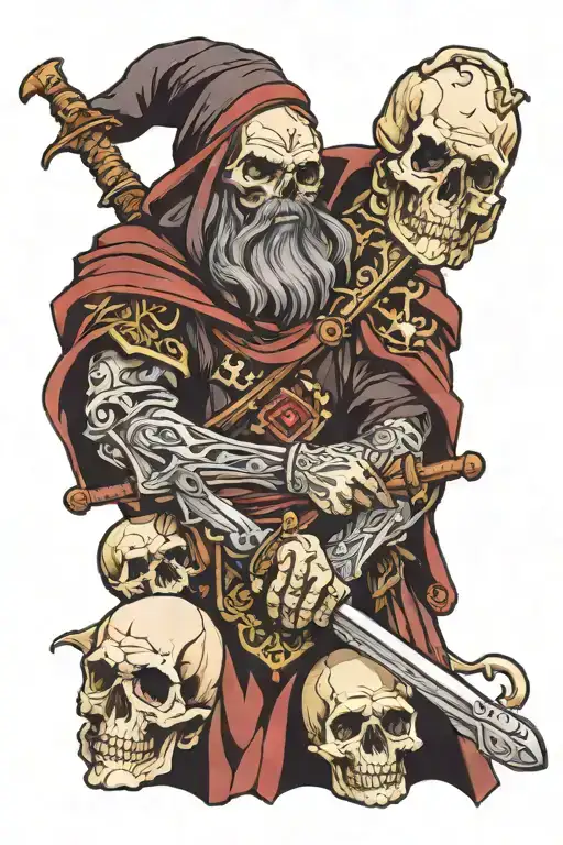 Dark Wizard Resting Hands On A Sword That Is Buried In A Pile Of Skulls