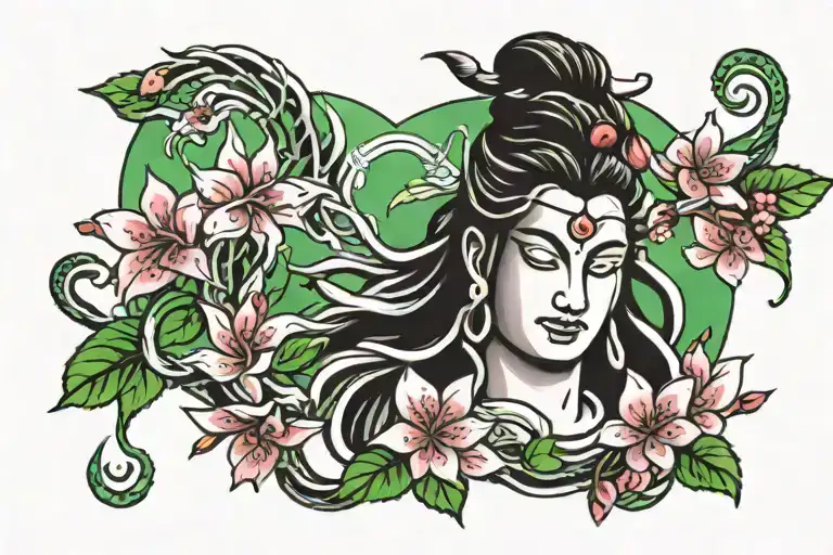 Lord Shiva Tattoo With Colourful Cherry Blossoms And Green Leaves In The Background