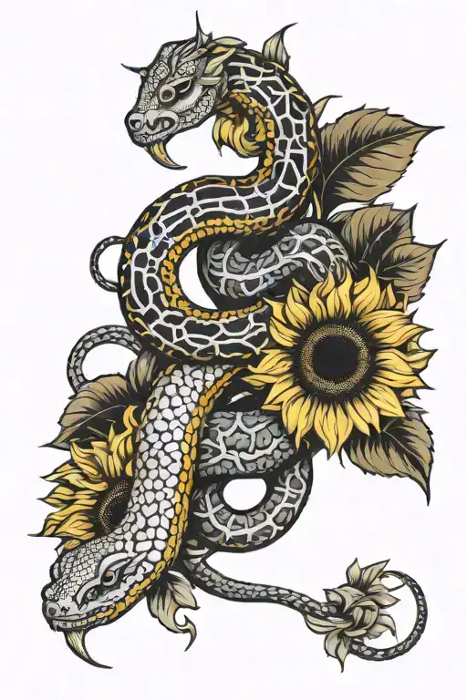 Fine Line Snakes Intertwined With Sunflowers