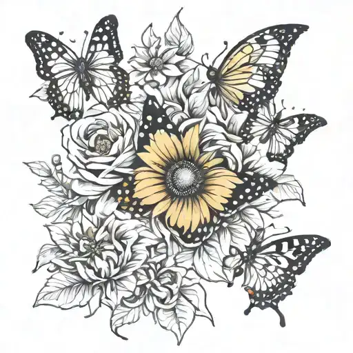 Butterflies And Sunflower Blooming