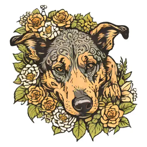 Cattle Dog Sleeping With Flowers Growing