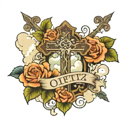 Cross With Roses Blooming And Clouds Surrounding With The Word Ortiz On The Bottom