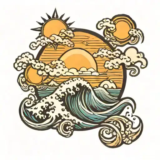 Sun Sea Wave Mountain With Sun